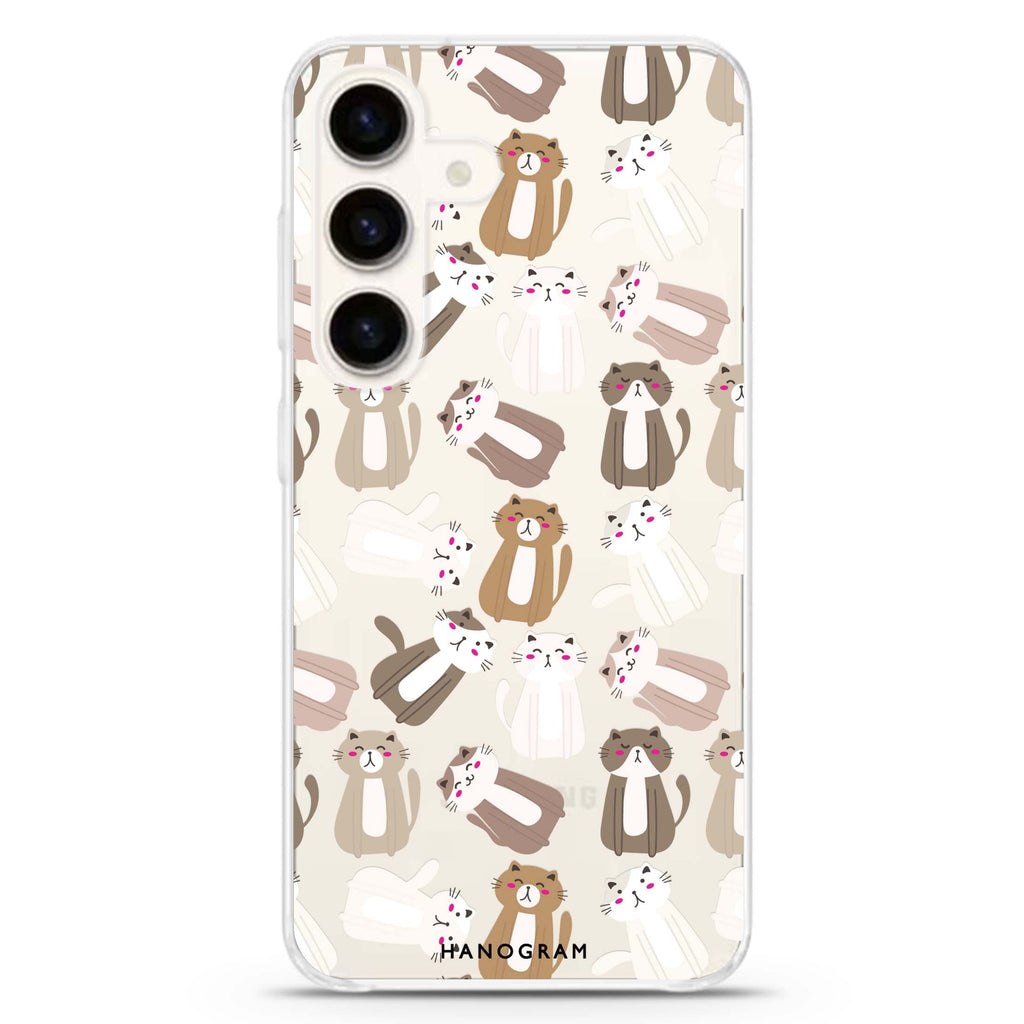 PurrPattern Perfection Samsung Galaxy S26/S25/S24 水晶透明保護殼正面展示