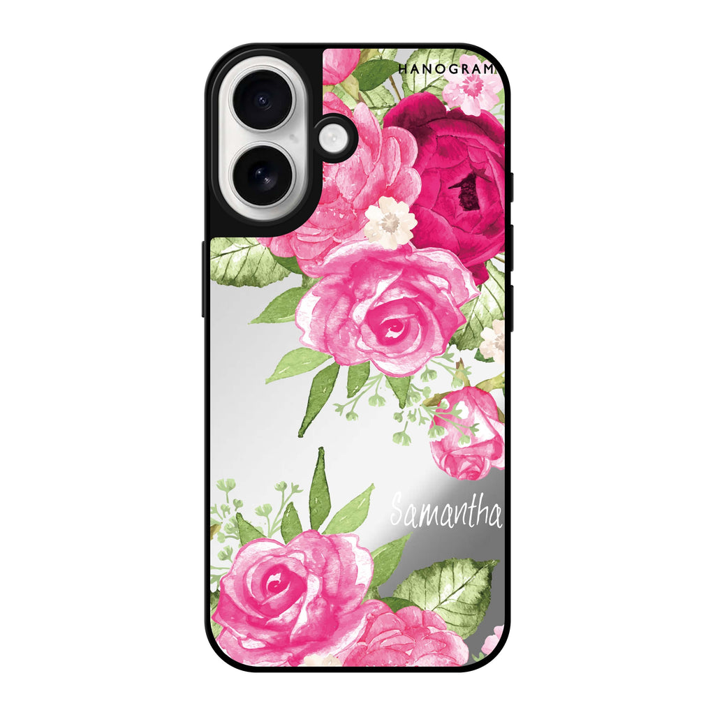 Reflective iPhone 16 Mirror Case –Watercolor Rose Design