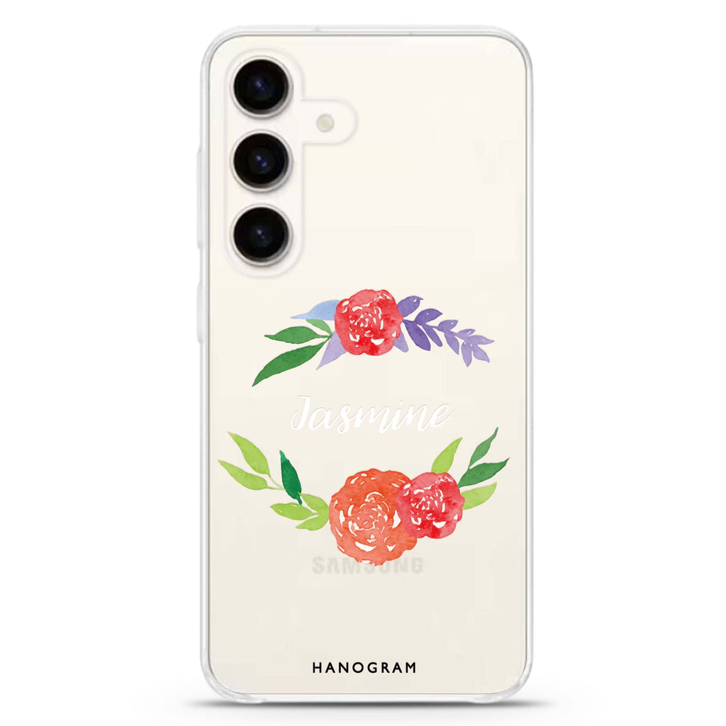 Floral Circle Samsung Galaxy S26/S25/S24 可加名字水晶透明保護殼正面展示
