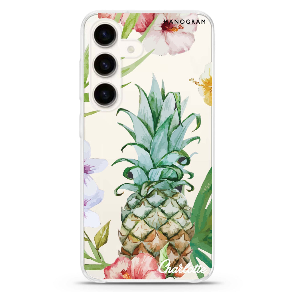 Pineapple & Floral Samsung Galaxy S26/S25/S24 可加名字水晶透明保護殼正面展示