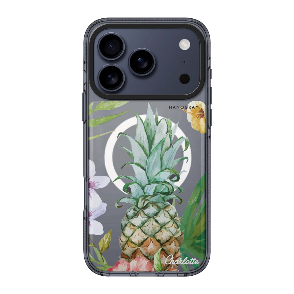 Pineapple & Floral iPhone 17 Pro Max MagSafe 水晶透明保護殼 花卉圖案設計 可自訂名字 圖1