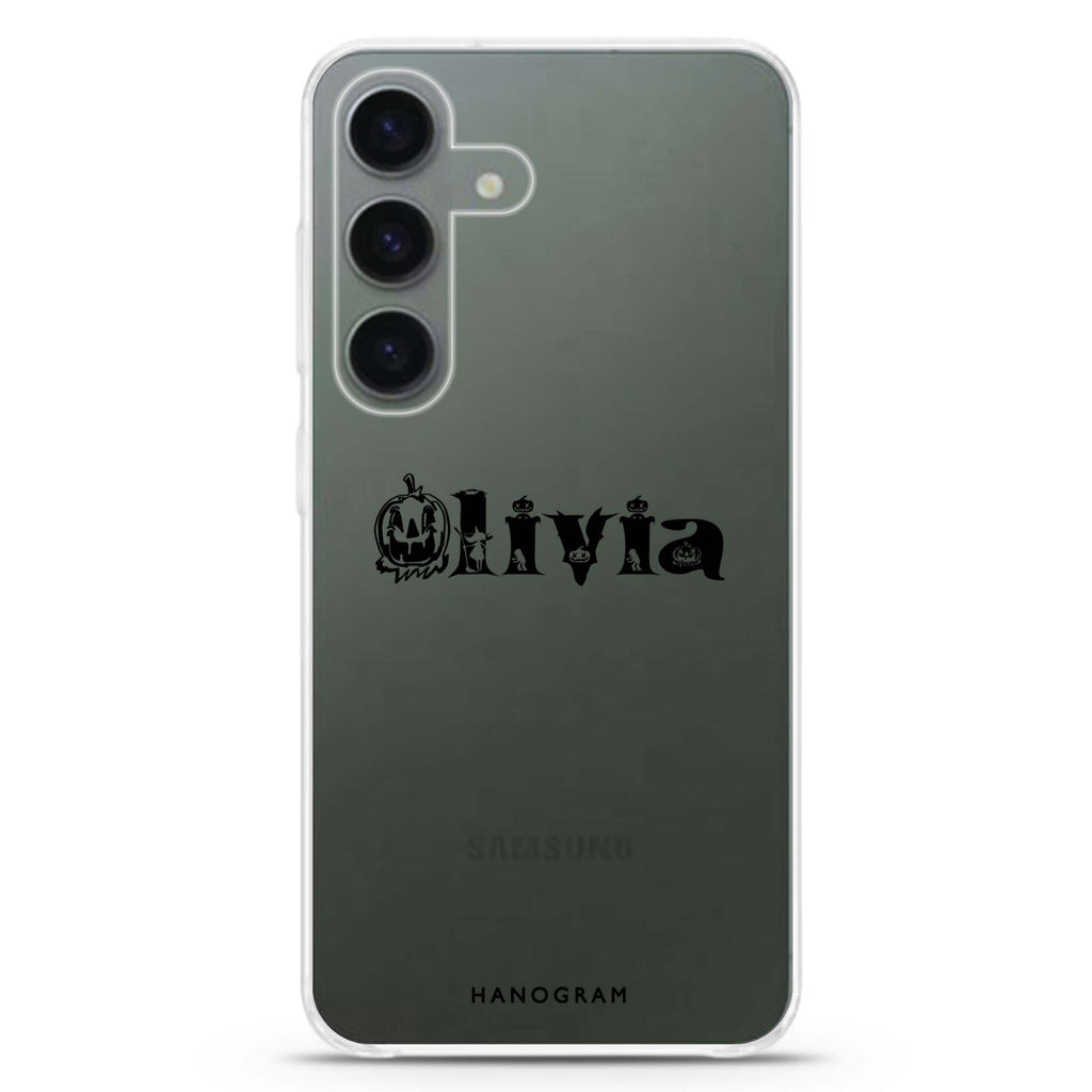 Pumpkin Glow Personal Samsung Galaxy S26/S25/S24 可加名字水晶透明保護殼正面展示