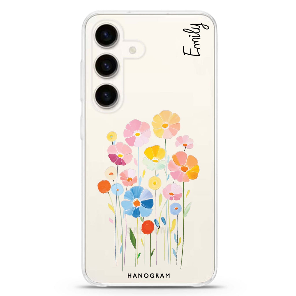 Floral Elegance Samsung Galaxy S26/S25/S24 可加名字水晶透明保護殼正面展示