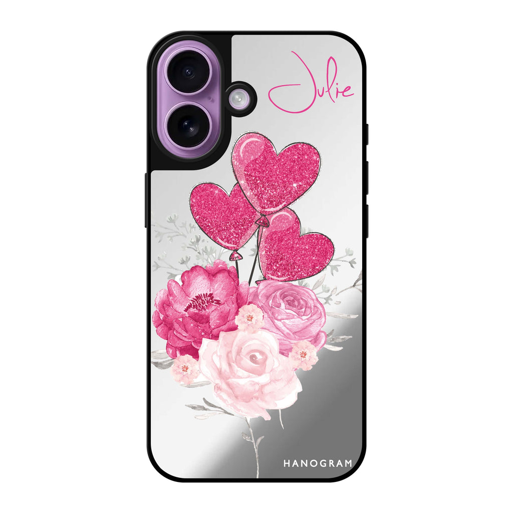 Reflective iPhone 16 Mirror Case –Sweet Heart With Rose Design
