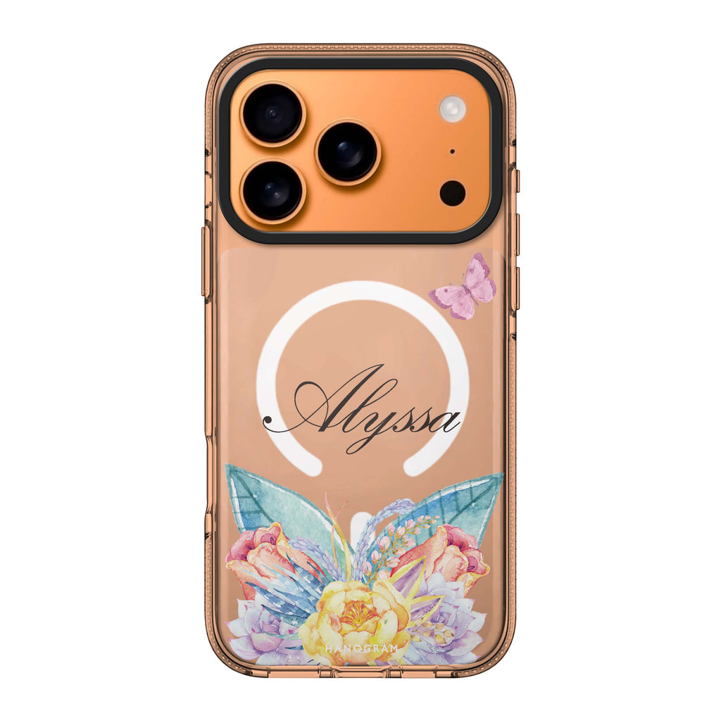 Butterfly and Abloom Rose iPhone 17 Pro Max MagSafe 水晶透明保護殼 蝴蝶圖案設計 可自訂名字 圖1