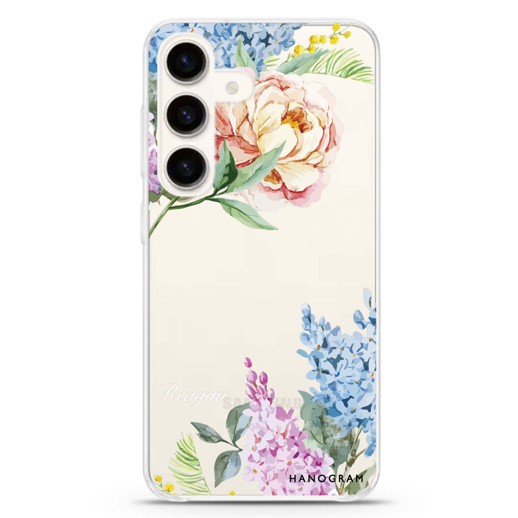 Tropical Floral Samsung Galaxy S26/S25/S24 可加名字水晶透明保護殼正面展示