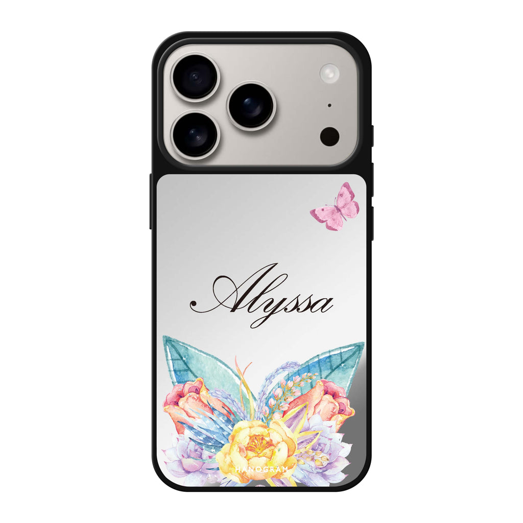 Butterfly and Abloom Rose 粉紅色花卉蝴蝶 iPhone 17 Pro Max 鏡面手機殼主圖