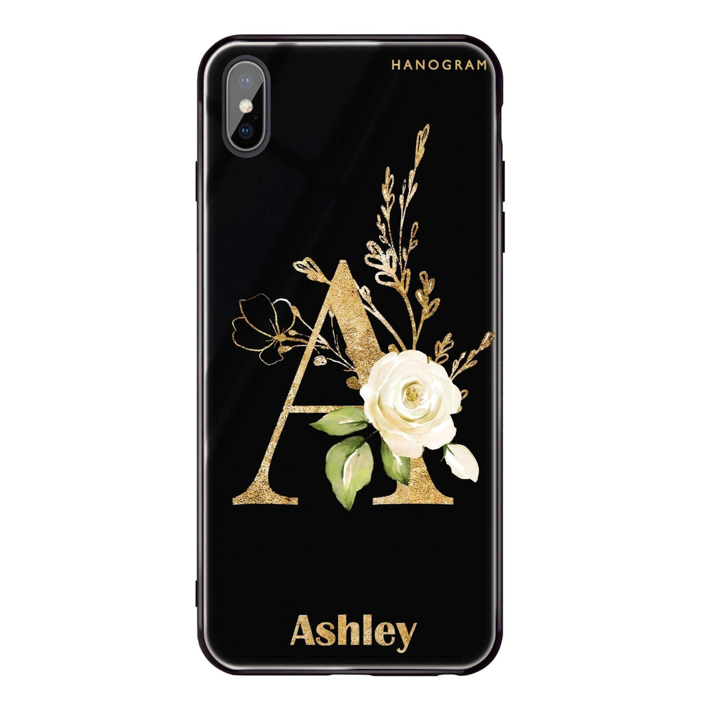 Golden Floral Monogram iPhone XS 超薄強化玻璃殻