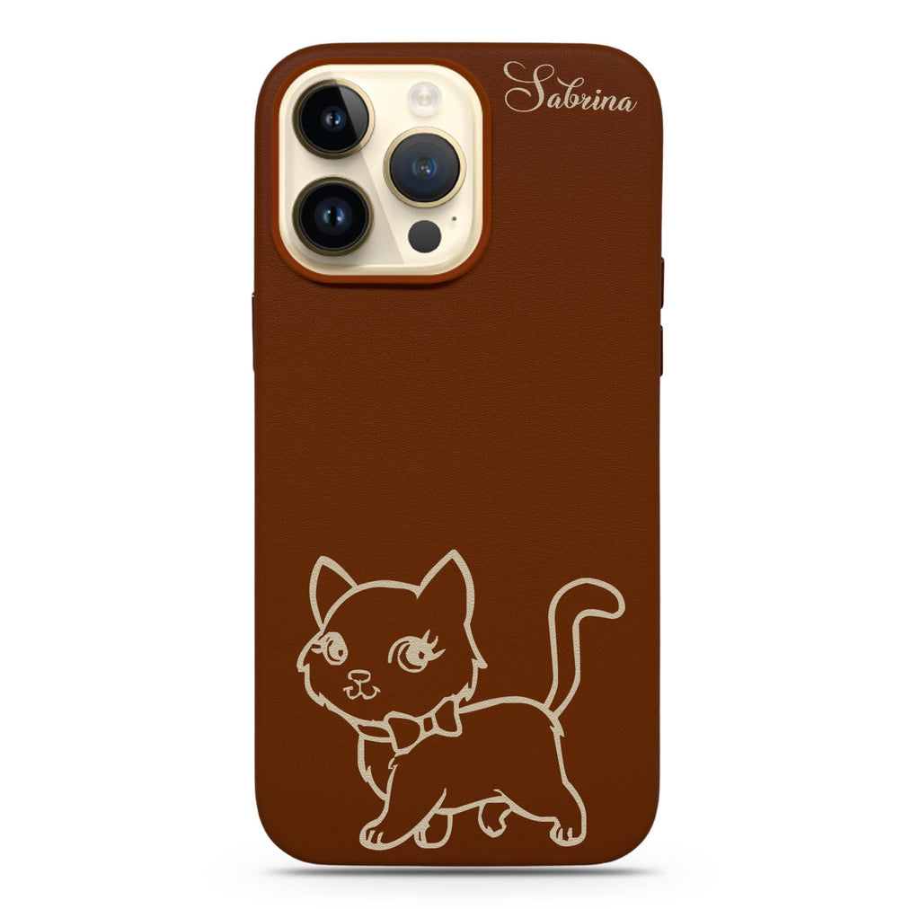 Brown Cute Cat Magsafe 兼容皮革保護殼