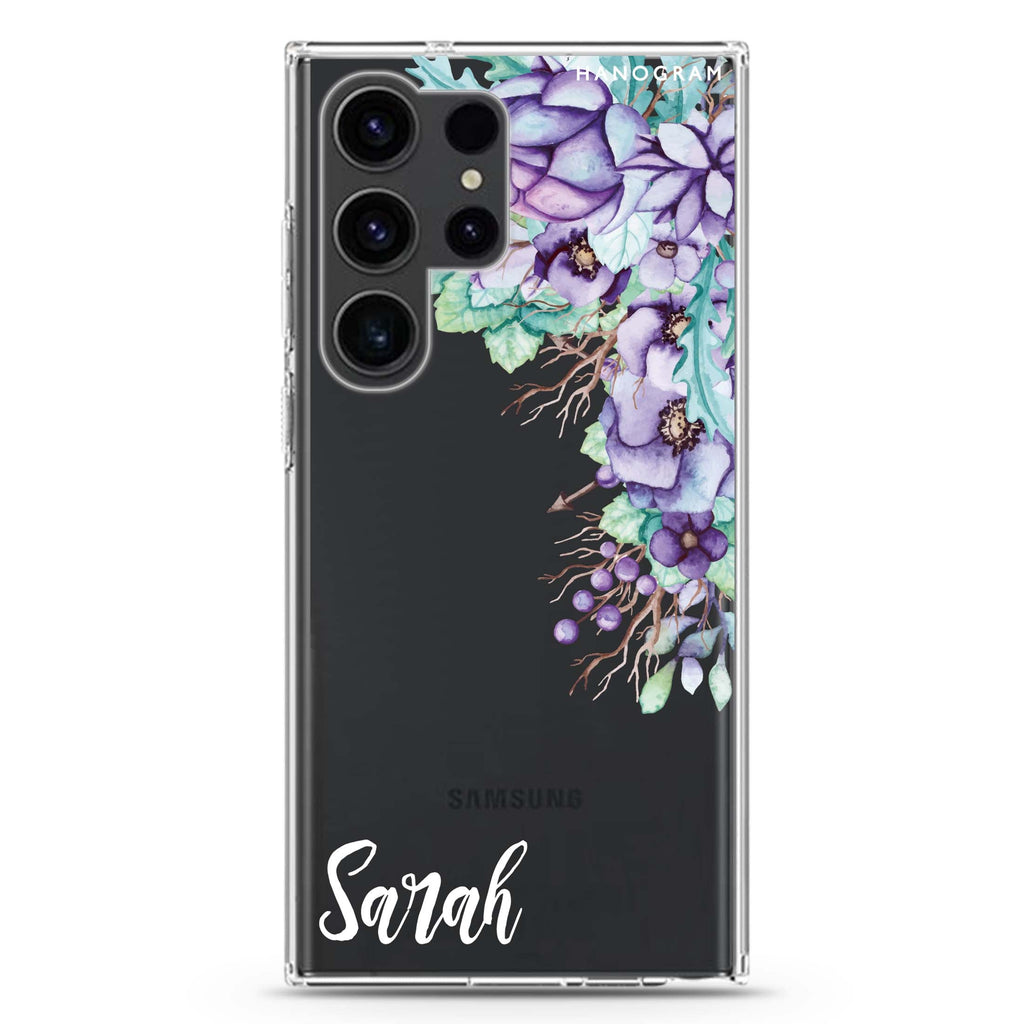 Purple Floral Samsung Galaxy Ultra 可加名字透明保護殼，適用 S26/S25/S24/S23 Ultra，圖1