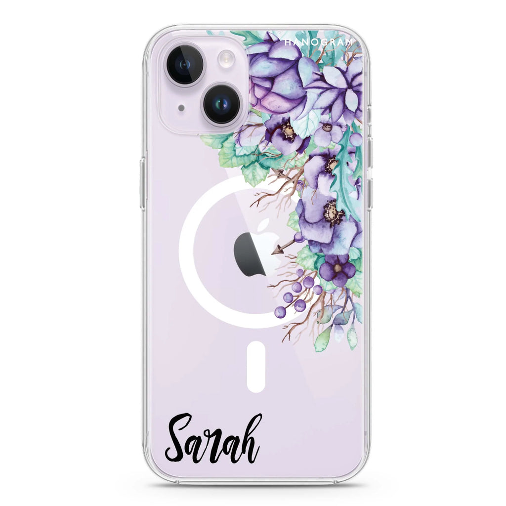 Purple Floral iPhone 14 Plus Magsafe 兼容水晶透明保護殼