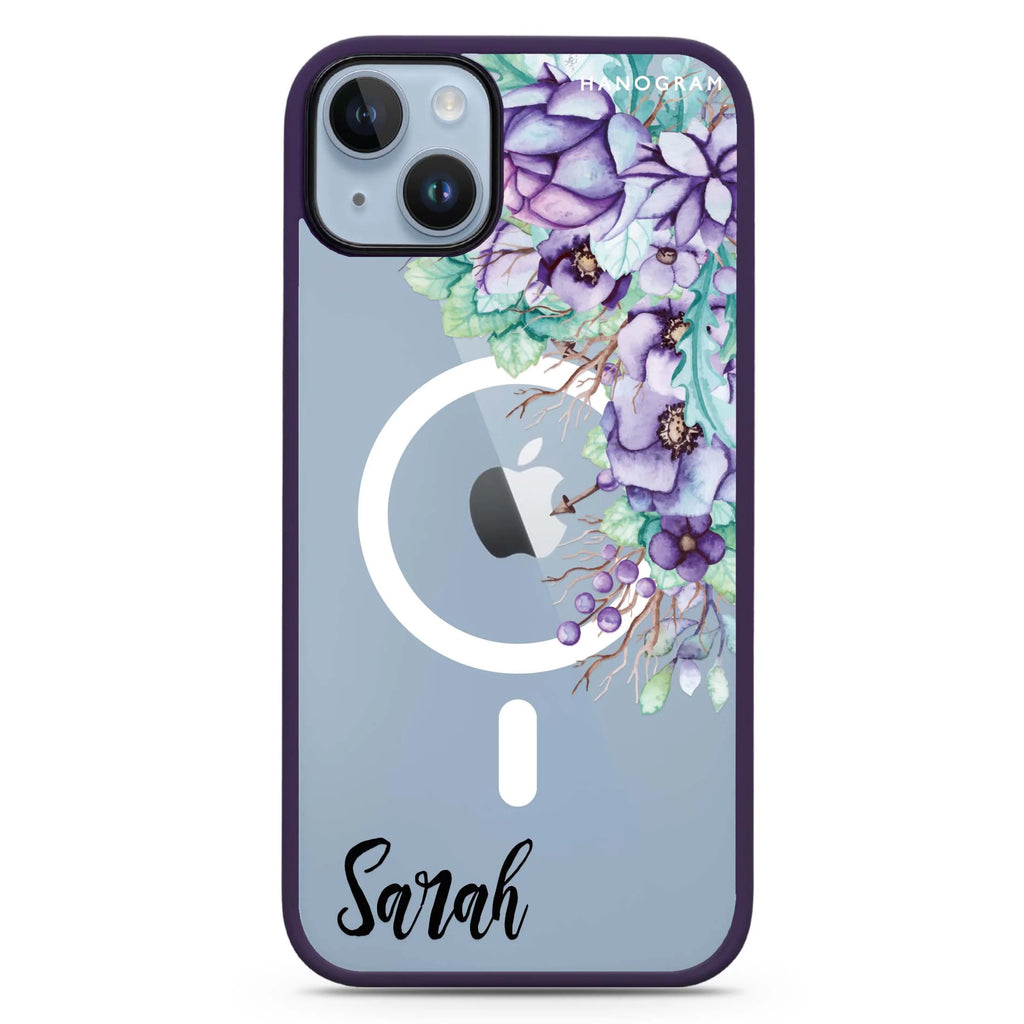 Purple Floral iPhone 14 Plus Magsafe 兼容防衝擊保護殼