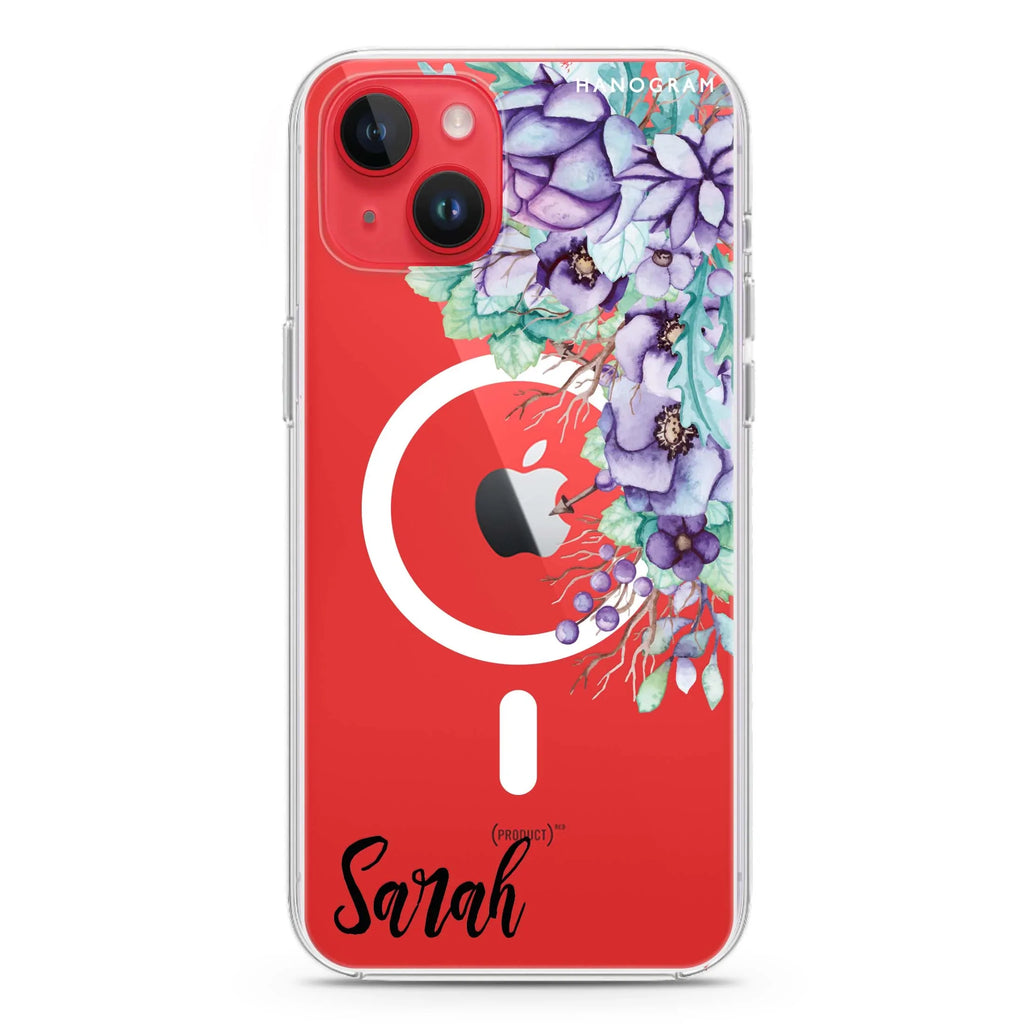 Purple Floral iPhone 14 Magsafe 兼容水晶透明保護殼