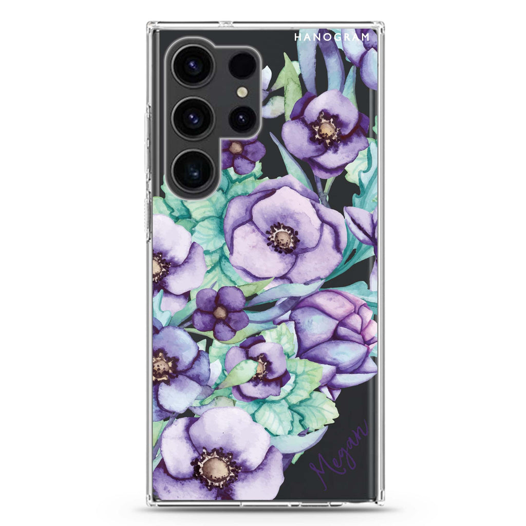 Purple Floral II Samsung Galaxy Ultra 可加名字透明保護殼，適用 S26/S25/S24/S23 Ultra，圖1