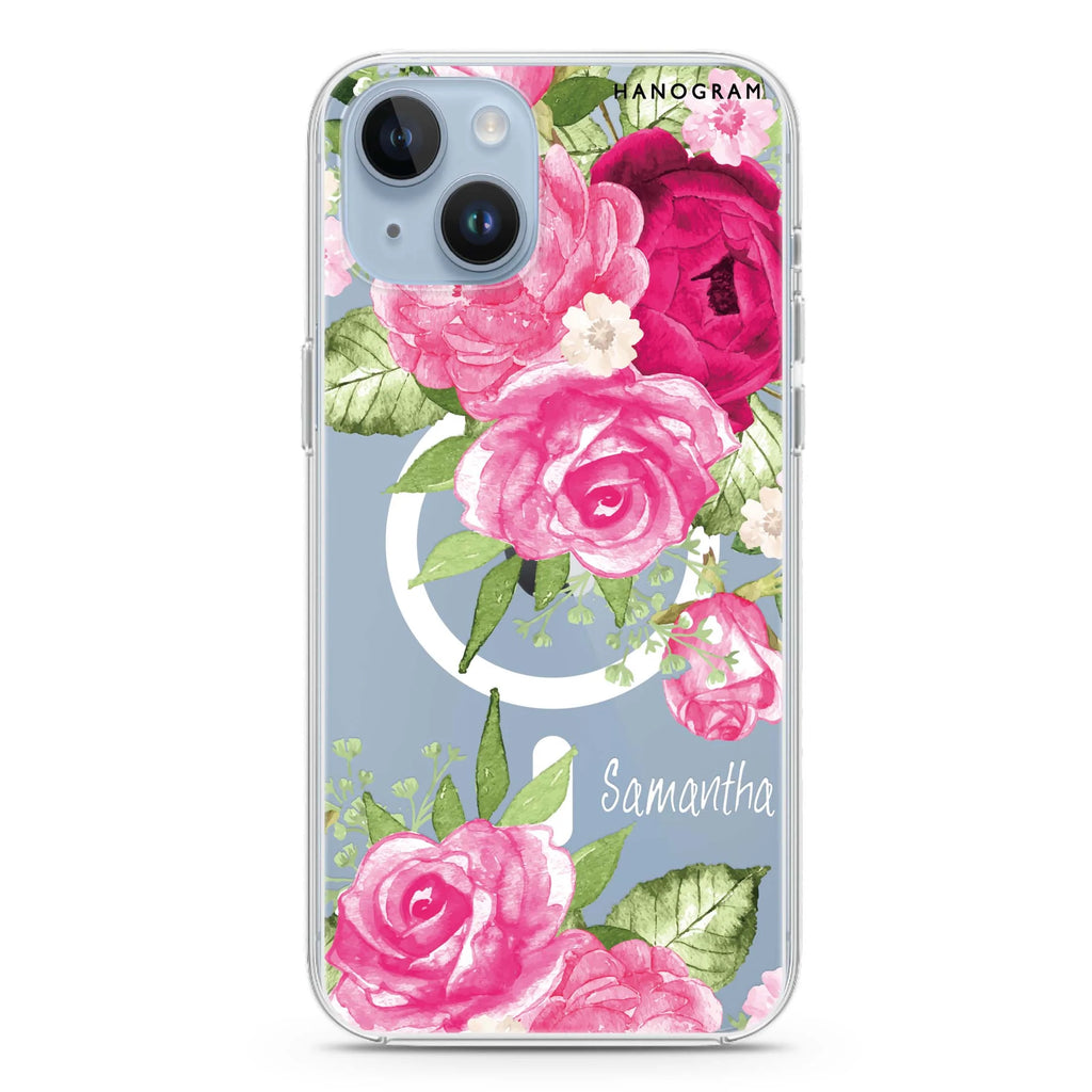 Watercolor Rose iPhone 14 Plus Magsafe 兼容水晶透明保護殼