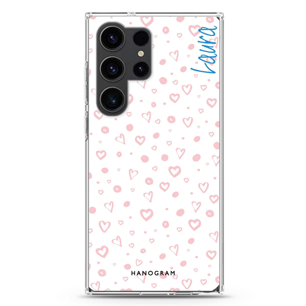 Pinky Hearts Samsung Galaxy Ultra 可加名字透明保護殼，適用 S26/S25/S24/S23 Ultra，圖1