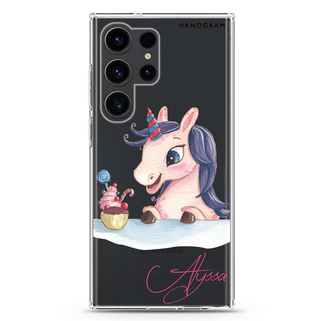 Rainbow Unicorn And Cupcake Samsung Galaxy Ultra 可加名字透明保護殼，適用 S26/S25/S24/S23 Ultra，圖1