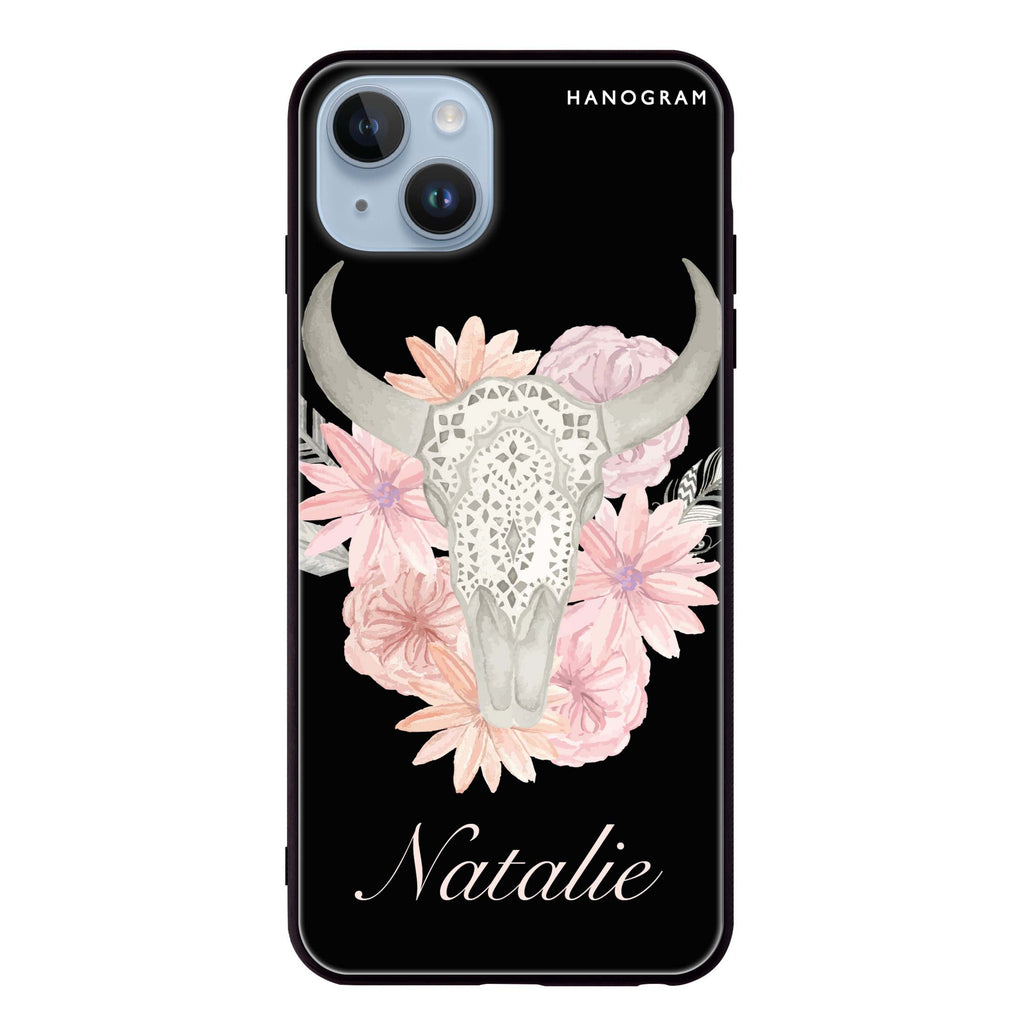 Skull Bull & Watercolor Flowers iPhone 13 超薄強化玻璃殻