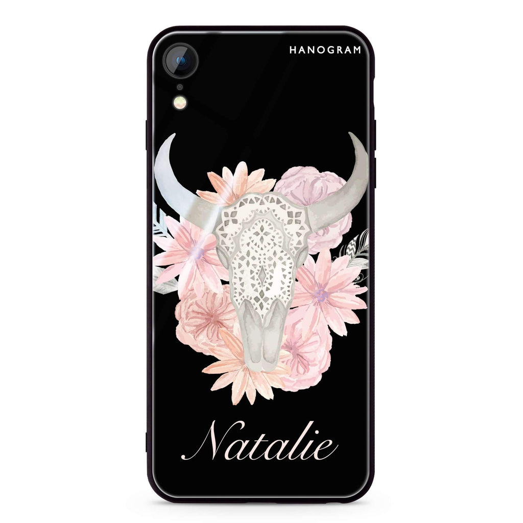 Skull Bull & Watercolor Flowers iPhone XR 超薄強化玻璃殻