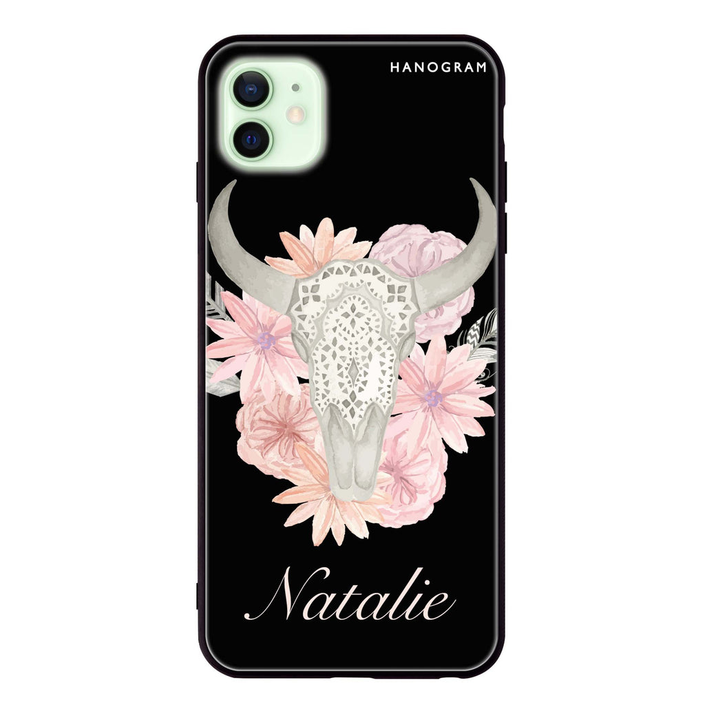 Skull Bull & Watercolor Flowers iPhone 12 超薄強化玻璃殻