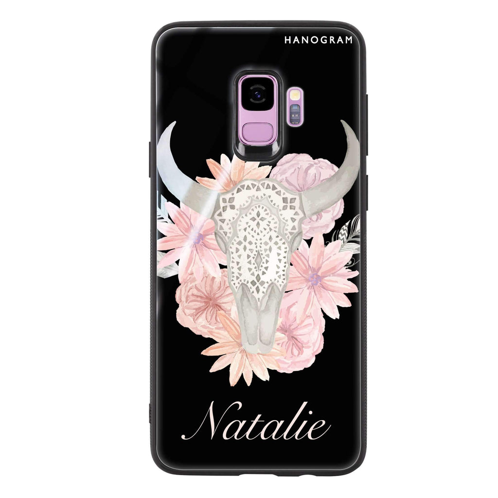 Skull Bull & Watercolor Flowers Samsung S9 超薄強化玻璃殻