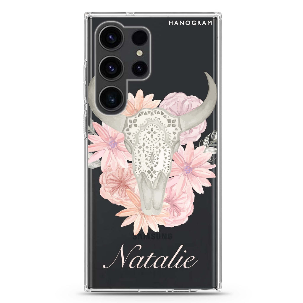 Skull Bull & Watercolor Flowers Samsung Galaxy Ultra 可加名字透明保護殼，適用 S26/S25/S24/S23 Ultra，圖1