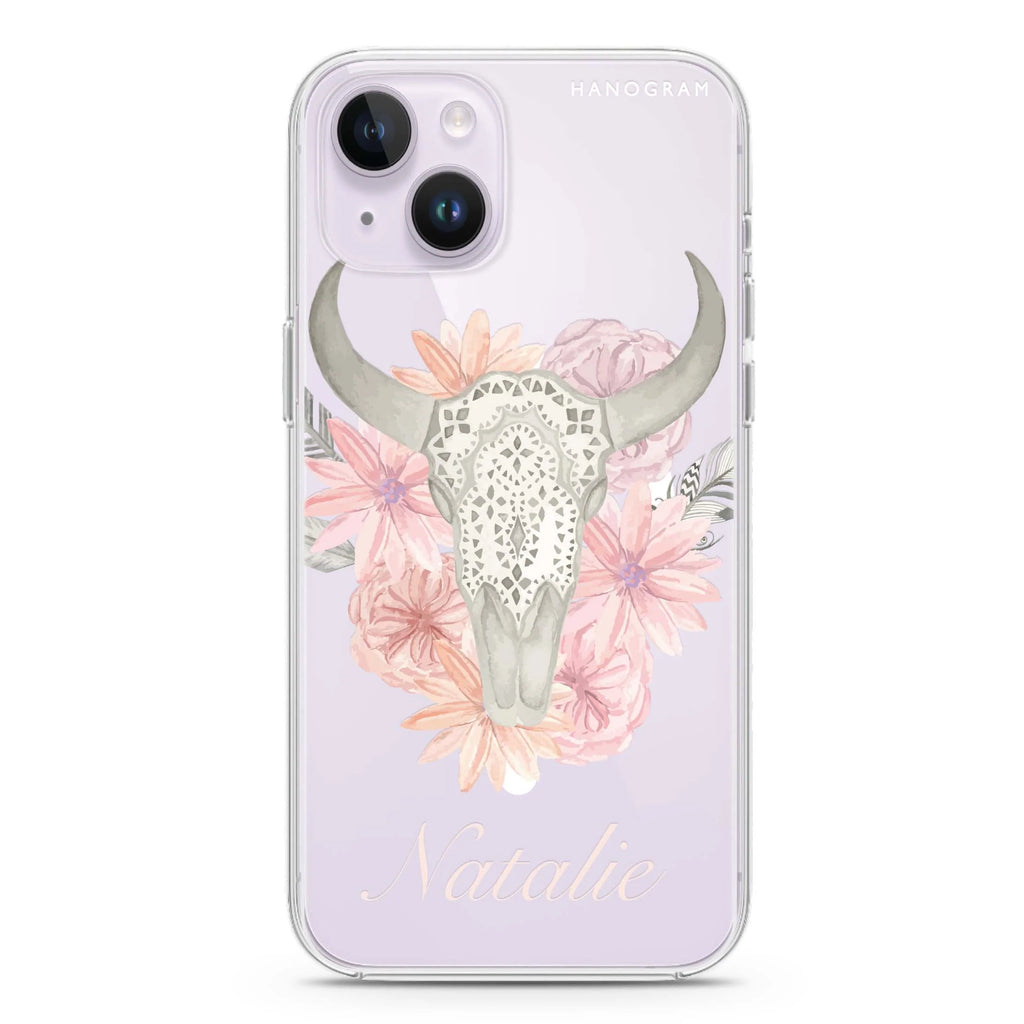 Skull Bull & Watercolor Flowers iPhone 14 Plus Magsafe 兼容水晶透明保護殼
