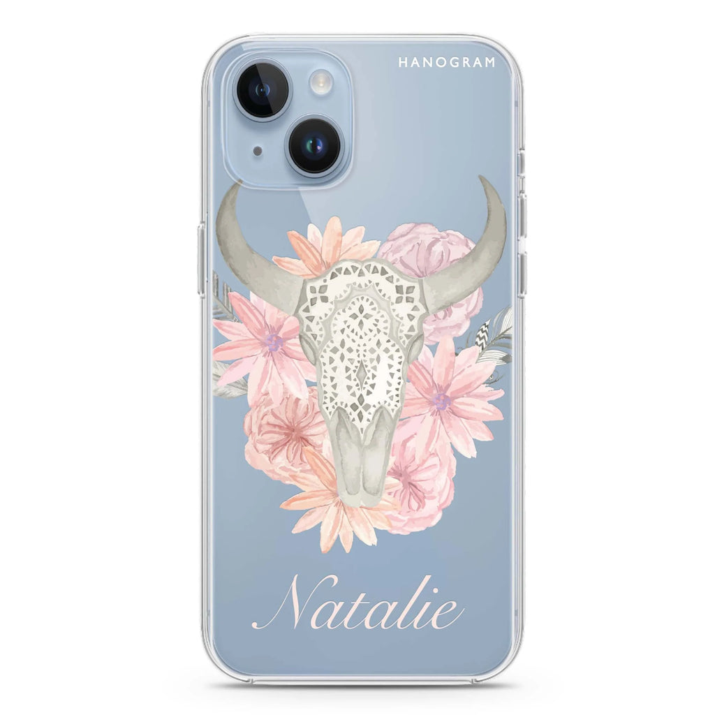 Skull Bull & Watercolor Flowers iPhone 14 plus 水晶透明保護殼