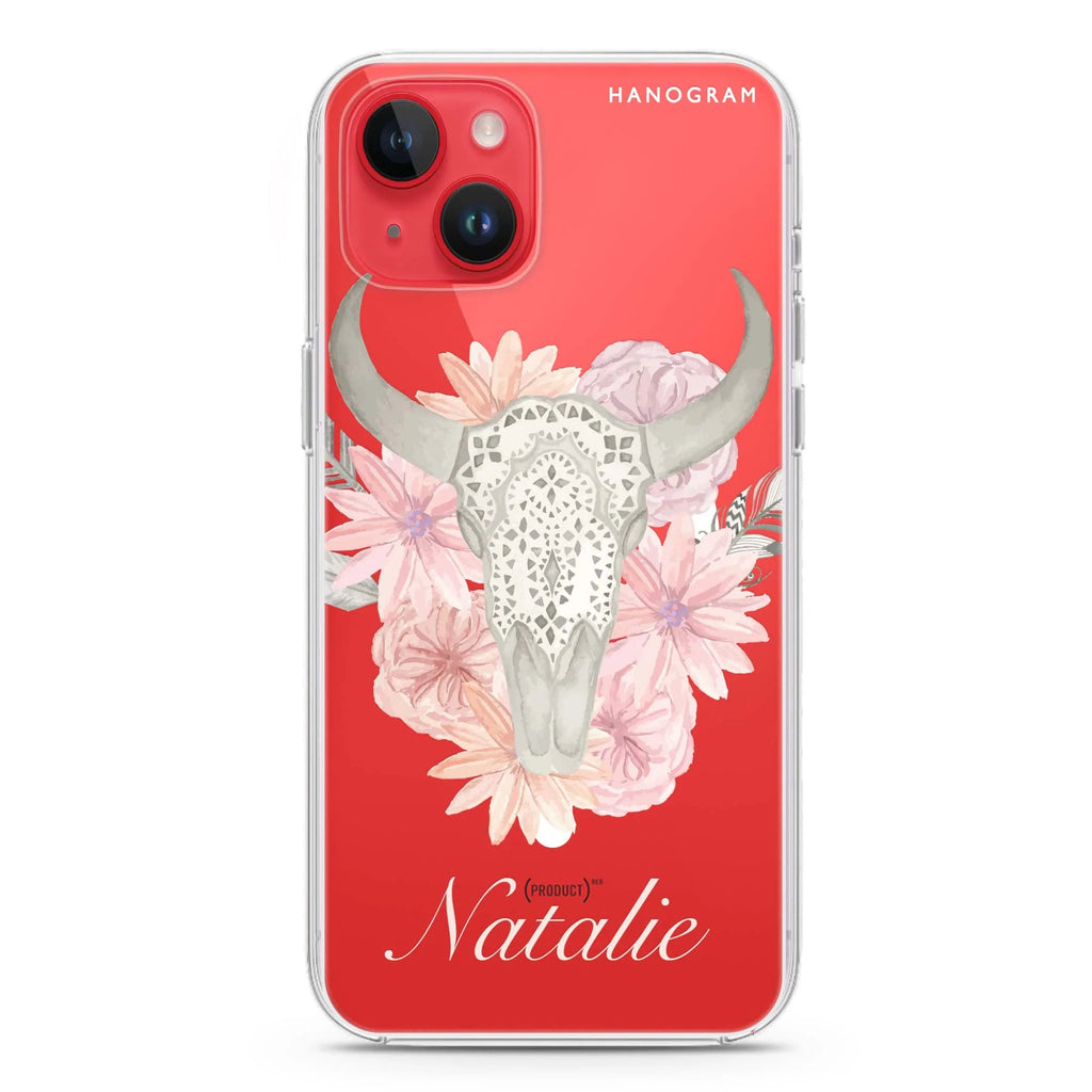 Skull Bull & Watercolor Flowers iPhone 14 Magsafe 兼容水晶透明保護殼