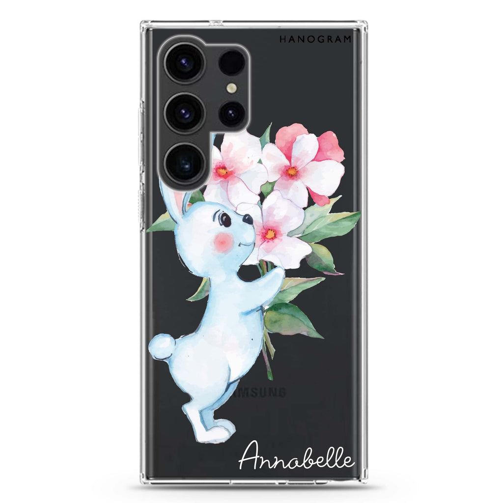 Rabbit And Flowers Samsung Galaxy Ultra 可加名字透明保護殼，適用 S26/S25/S24/S23 Ultra，圖1