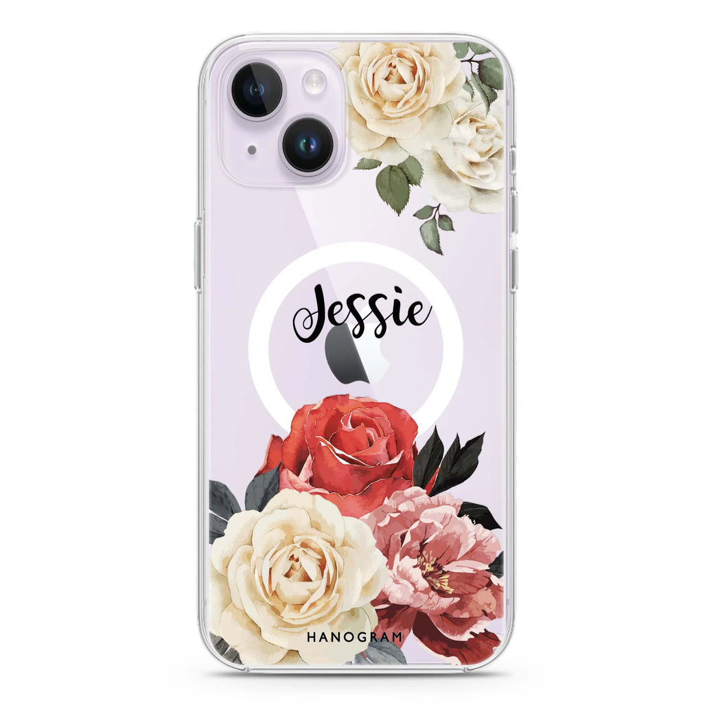 Vintage Floral iPhone 14 Plus Magsafe 兼容水晶透明保護殼