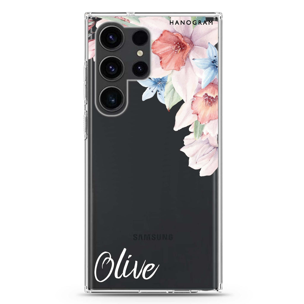 Glamour Floral Samsung Galaxy Ultra 可加名字透明保護殼，適用 S26/S25/S24/S23 Ultra，圖1