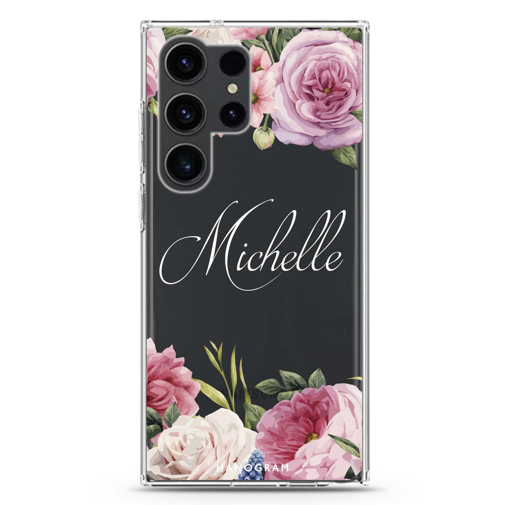 Light Pink Floral Samsung Galaxy Ultra 可加名字透明保護殼，適用 S26/S25/S24/S23 Ultra，圖1