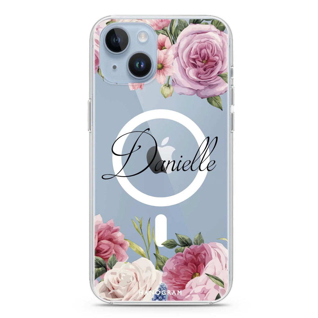 Light Pink Floral iPhone 14 Magsafe 兼容水晶透明保護殼