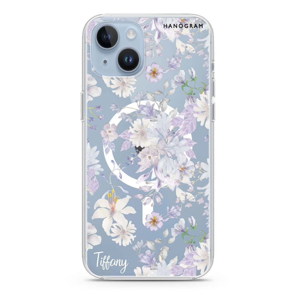 Serene Flowers Pattern iPhone 14 Plus Magsafe 兼容水晶透明保護殼