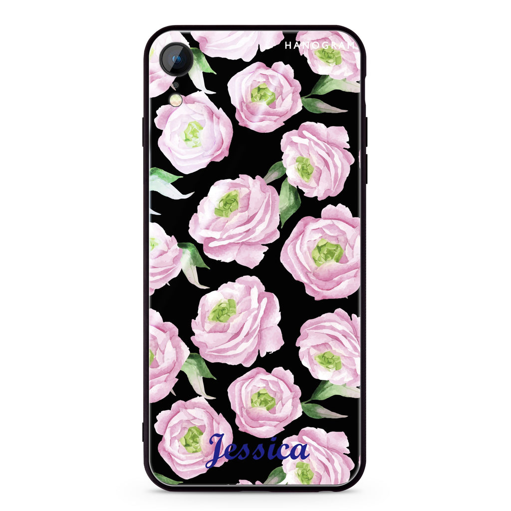Watercolor pink floral iPhone XR 超薄強化玻璃殻