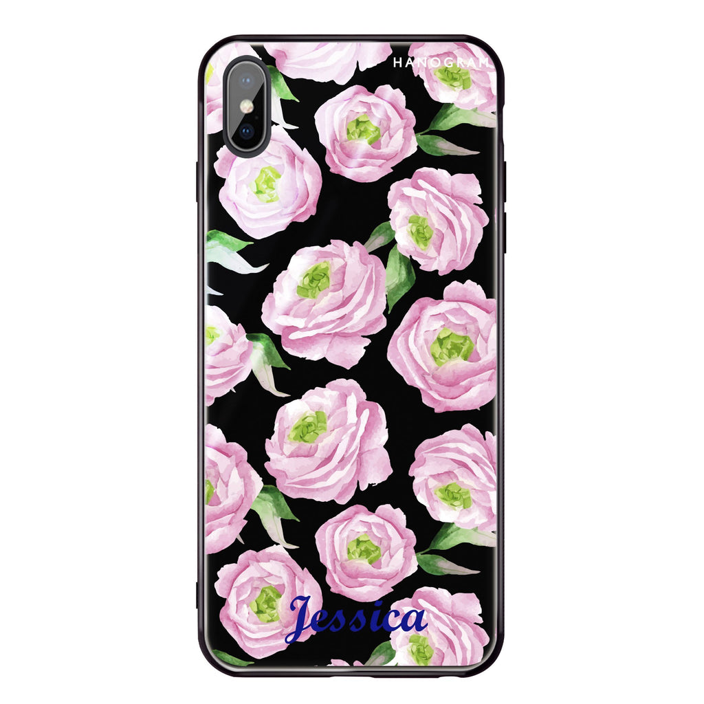 Watercolor pink floral iPhone XS 超薄強化玻璃殻