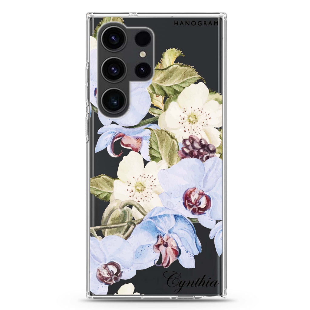 Light Blue Floral Samsung Galaxy Ultra 可加名字透明保護殼，適用 S26/S25/S24/S23 Ultra，圖1