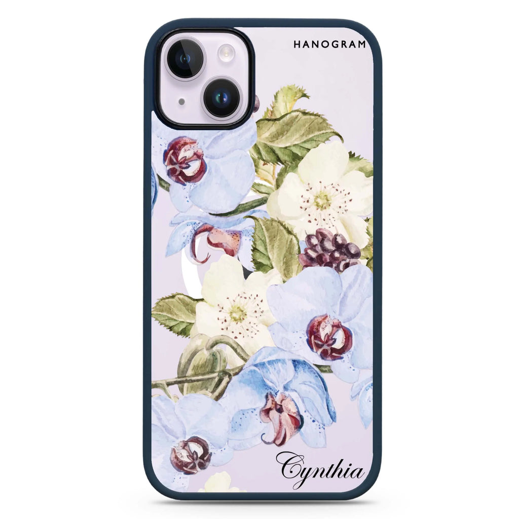 Light Blue Floral iPhone 14 Plus Magsafe 兼容防衝擊保護殼