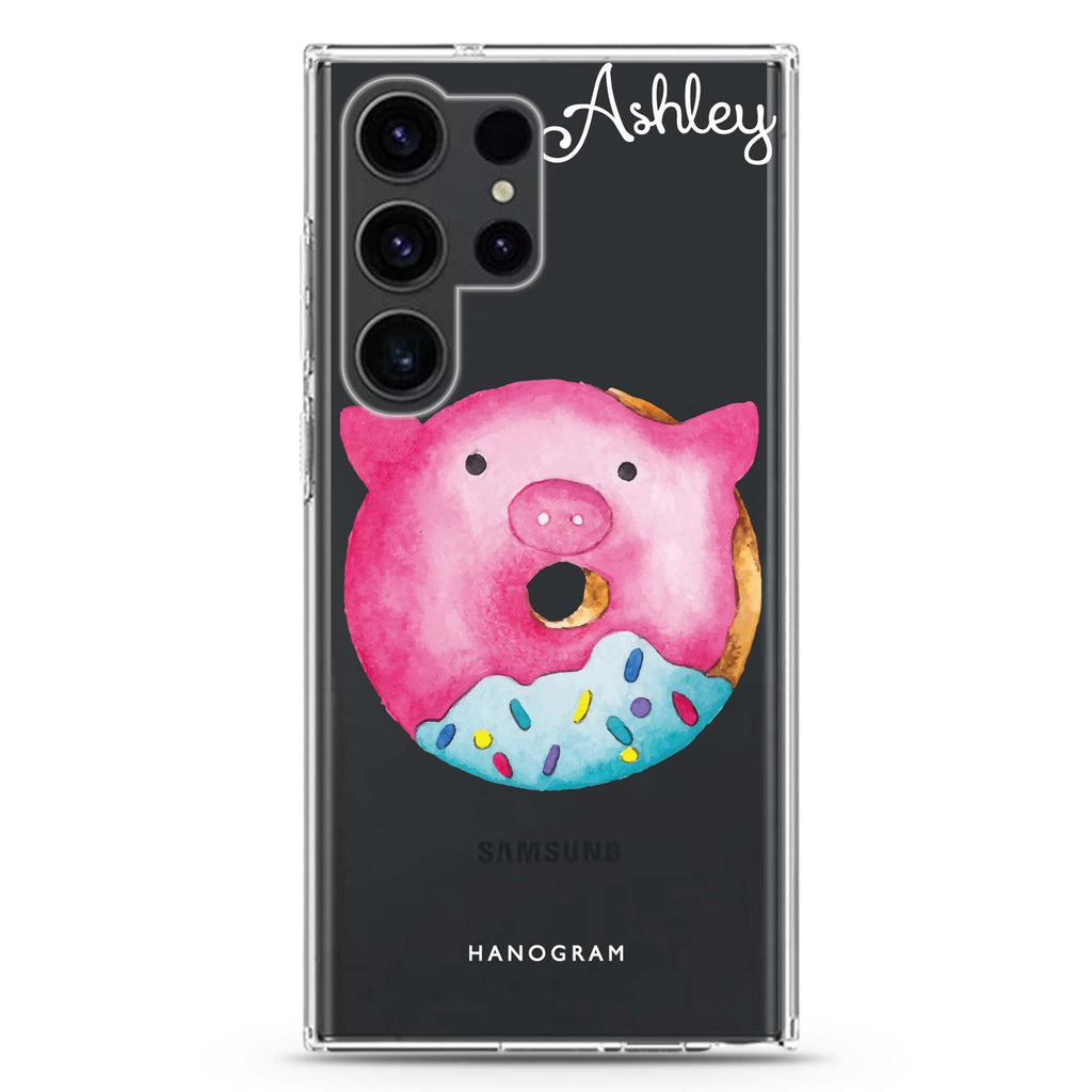 Sweet donut piggy Samsung Galaxy Ultra 可加名字透明保護殼，適用 S26/S25/S24/S23 Ultra，圖1