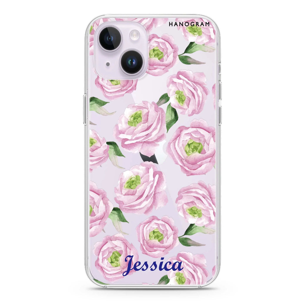 Watercolor pink floral iPhone 14 plus 水晶透明保護殼