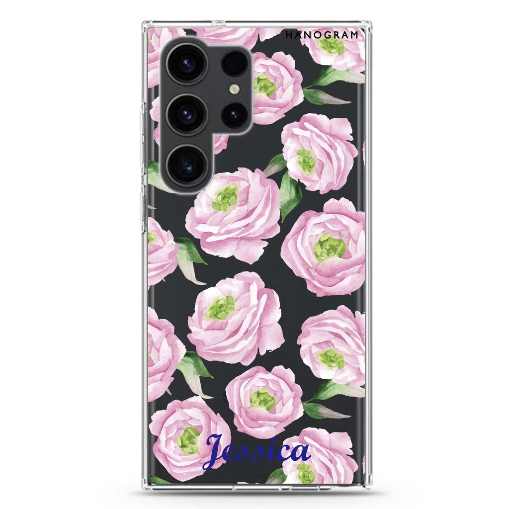 Watercolor pink floral Samsung Galaxy Ultra 可加名字透明保護殼，適用 S26/S25/S24/S23 Ultra，圖1