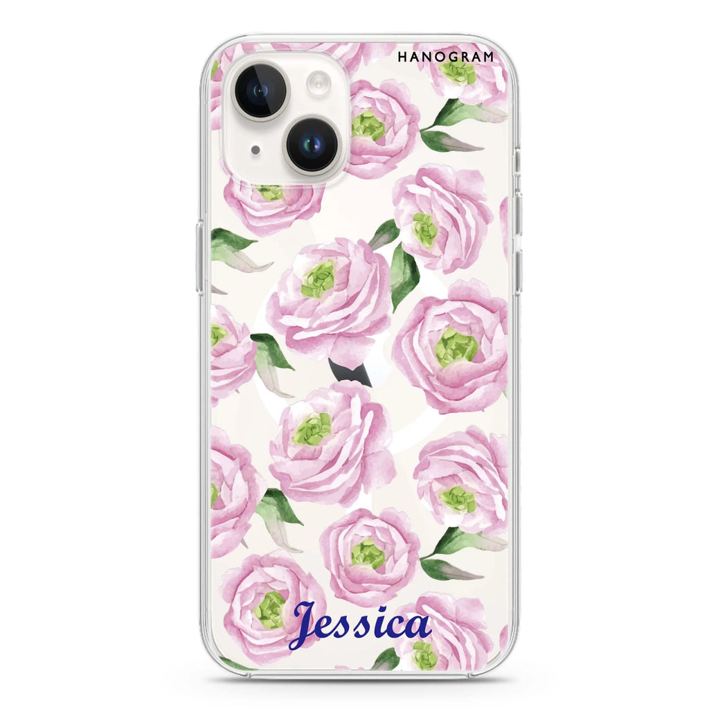 Watercolor pink floral iPhone 14 Plus Magsafe 兼容水晶透明保護殼