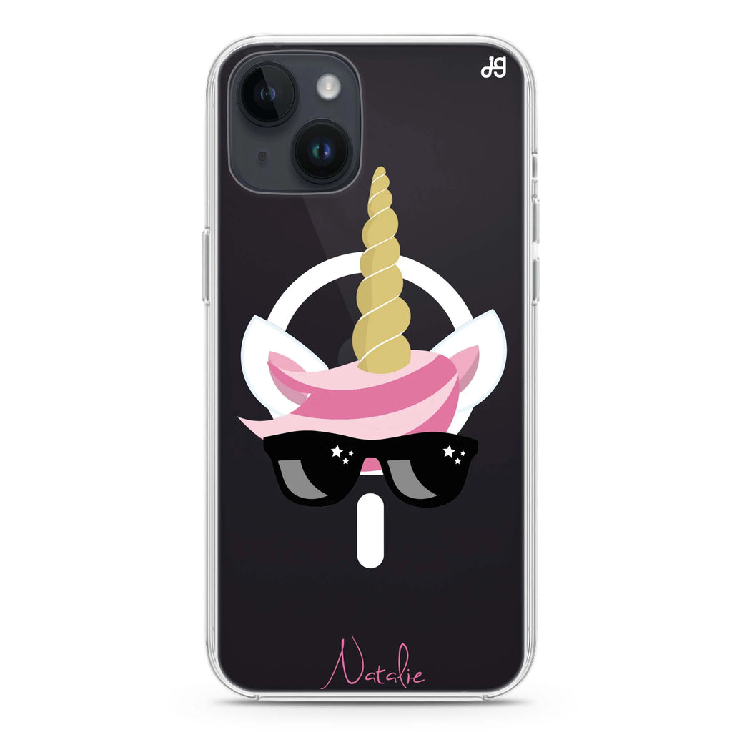 Cute Sunglasses unicorn iPhone 14 Plus Magsafe 兼容水晶透明保護殼