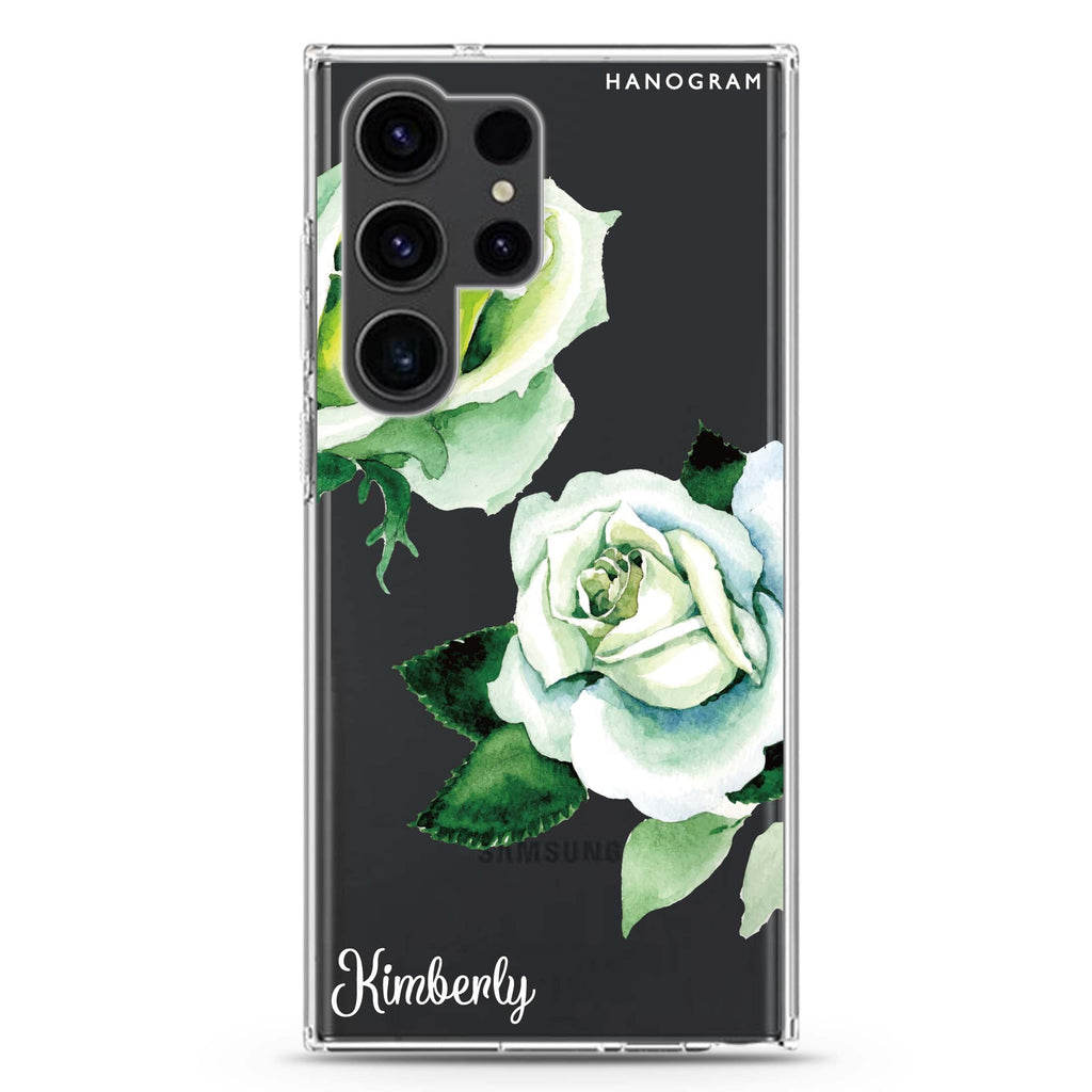 White Rose Samsung Galaxy Ultra 可加名字透明保護殼，適用 S26/S25/S24/S23 Ultra，圖1