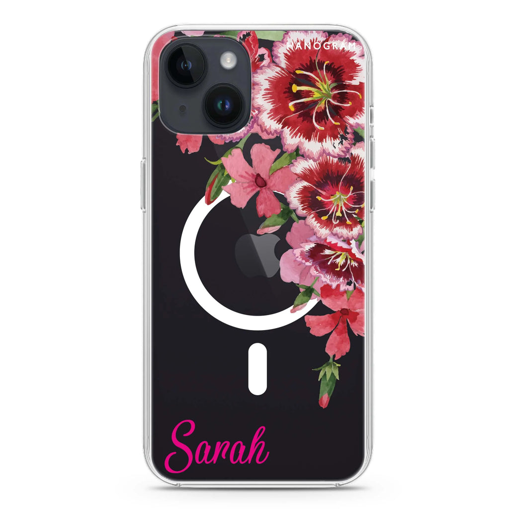 Red watercolour Floral iPhone 14 Plus Magsafe 兼容水晶透明保護殼
