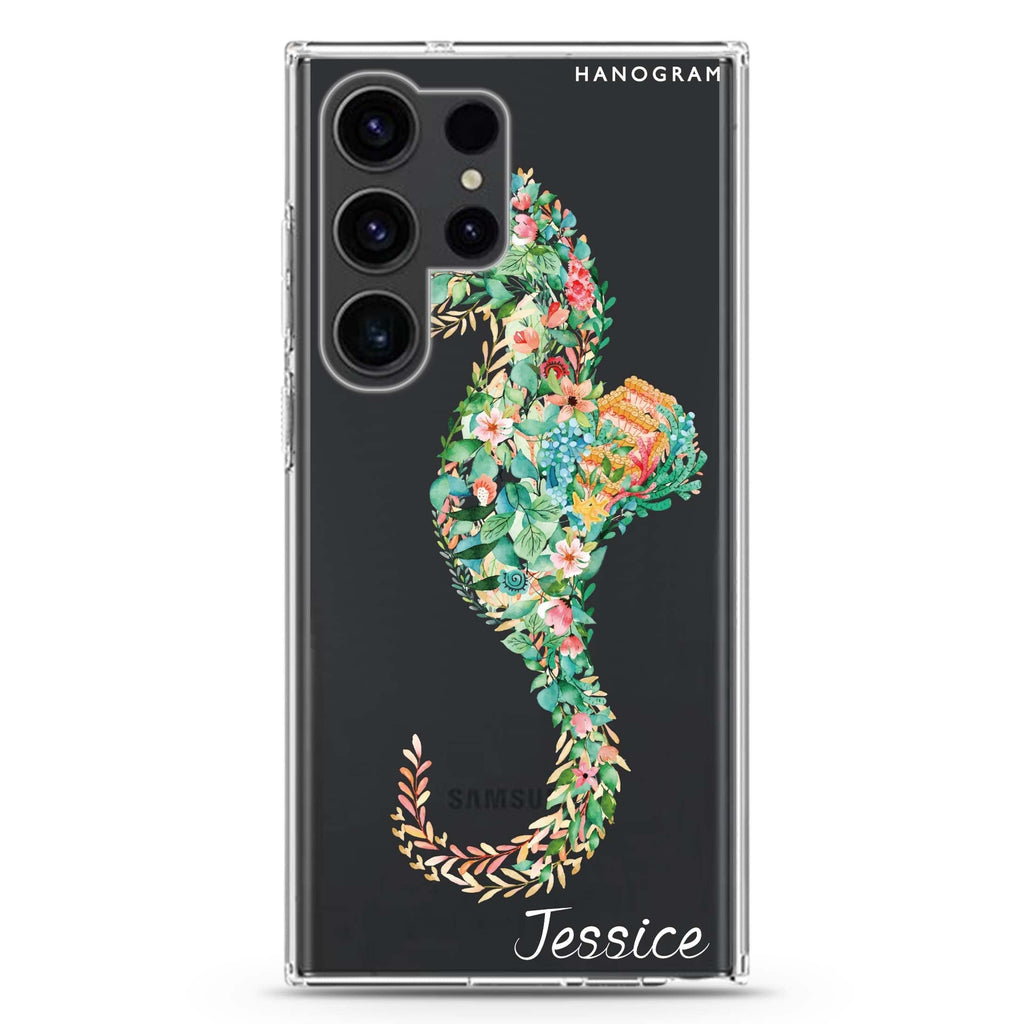 Floral Seahorse Samsung Galaxy Ultra 可加名字透明保護殼，適用 S26/S25/S24/S23 Ultra，圖1