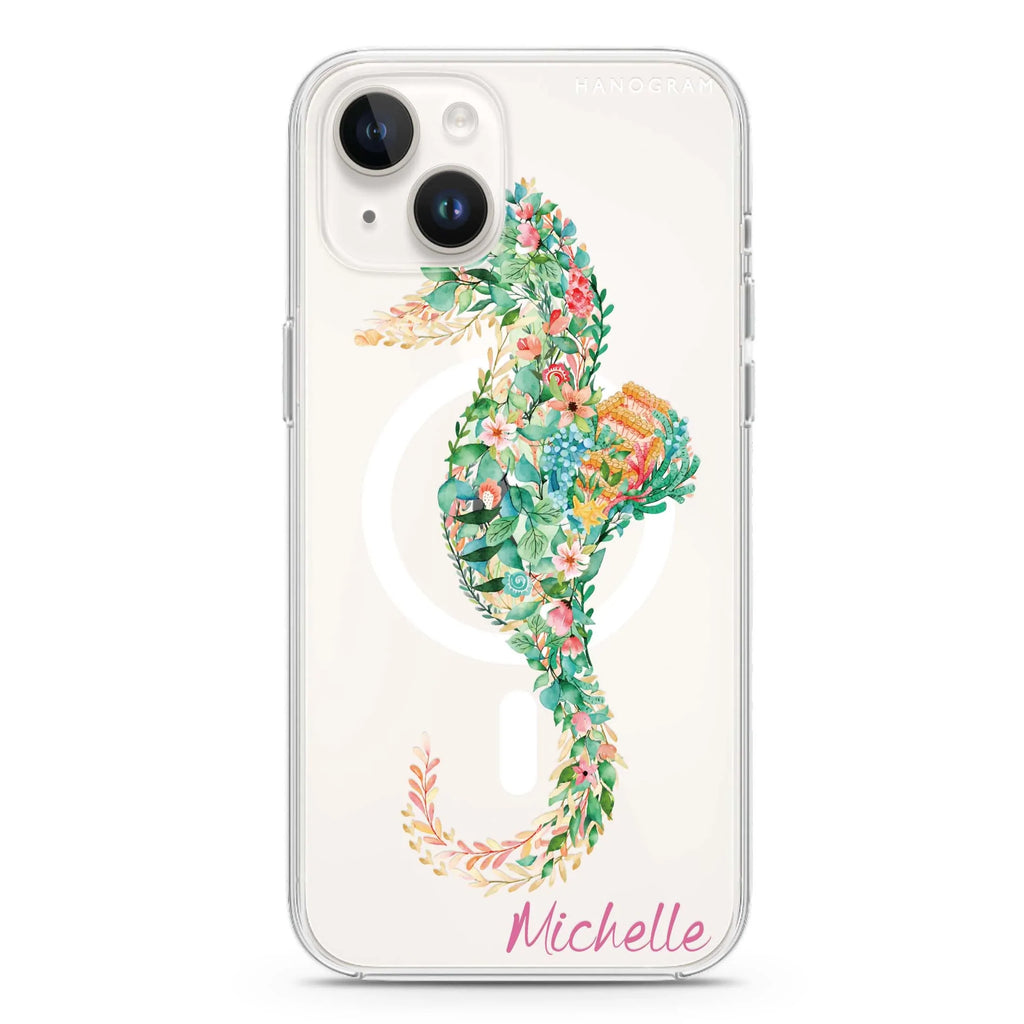 Floral Seahorse iPhone 14 Magsafe 兼容水晶透明保護殼