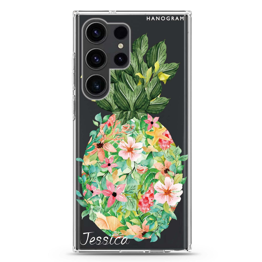 Floral Pineapple Samsung Galaxy Ultra 可加名字透明保護殼，適用 S26/S25/S24/S23 Ultra，圖1