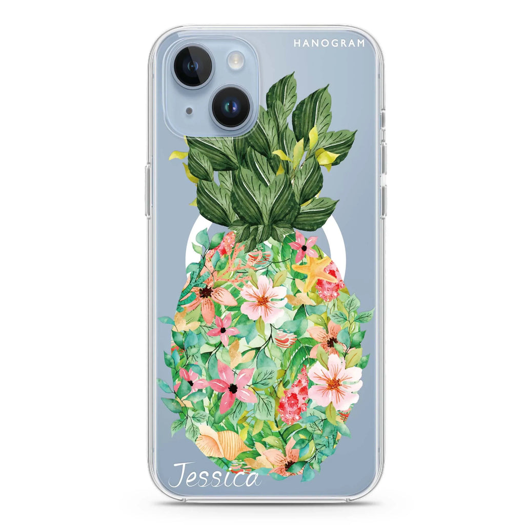 Floral Pineapple iPhone 14 Magsafe 兼容水晶透明保護殼